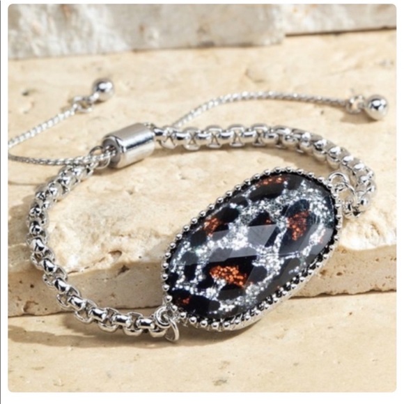 New! Leopard Gold or Silver Glitter Acrylic Glass Look Adjustable Chain Bracelet - Picture 8 of 8